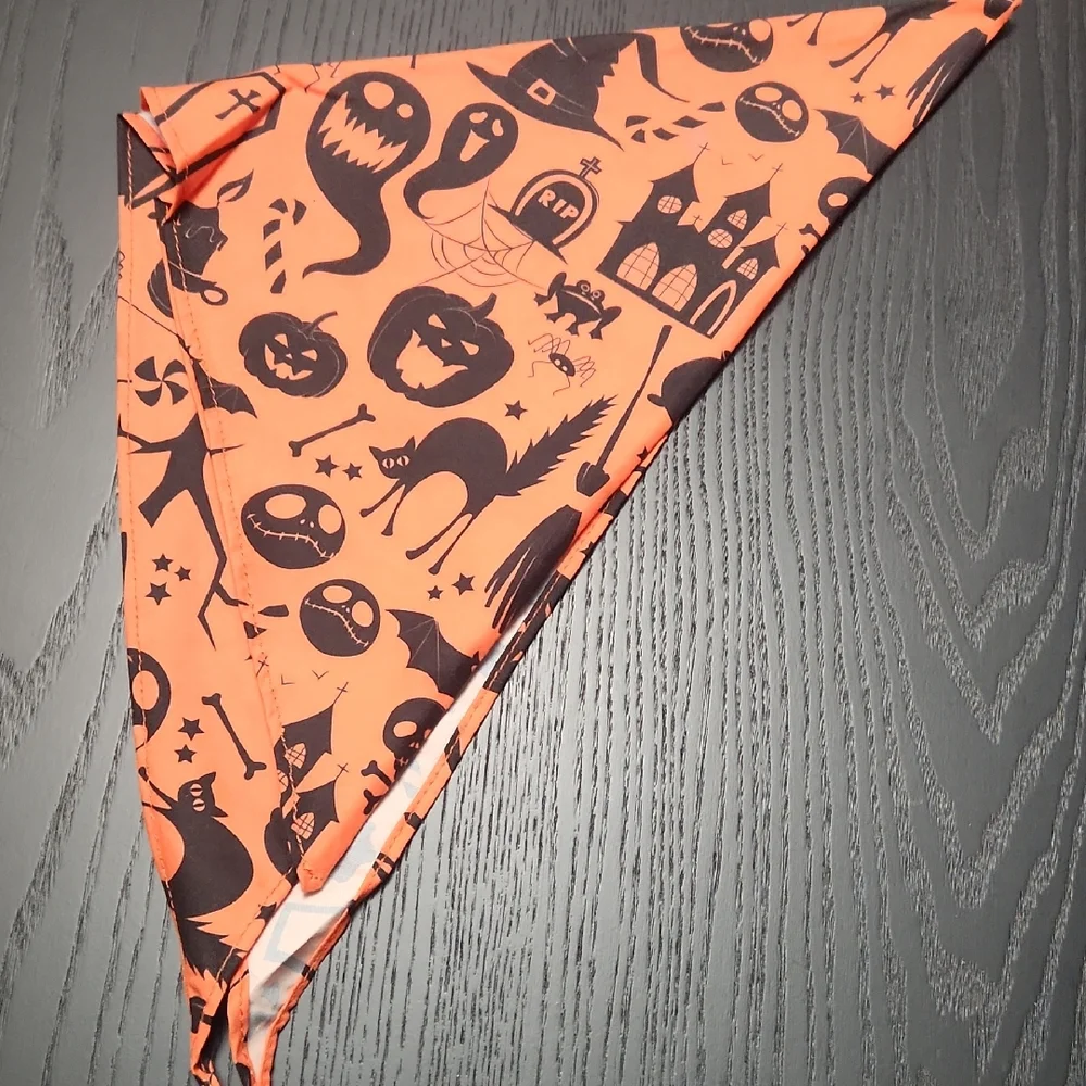Halloween Pet Orange and Black Bandana, pumpkin, cat, skeleton, hauntedhous..